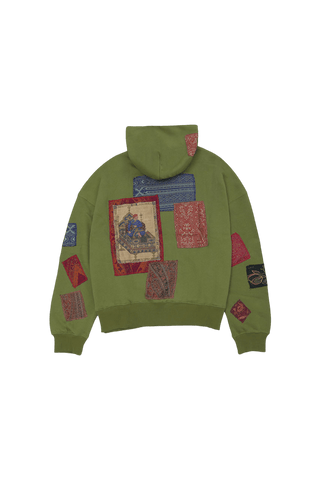 Olive Green Jamawar Patchwork Hoodie