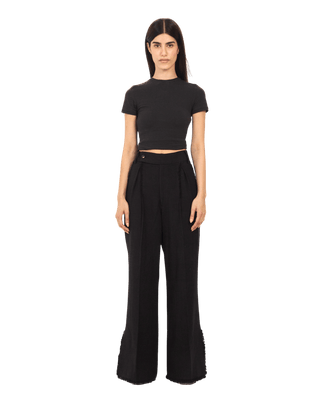 BLACK FRAYED KHADDAR DOUBLE-PLEATED PANTS