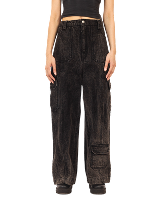 BLACK ACID WASH DENIM CARGO PANTS