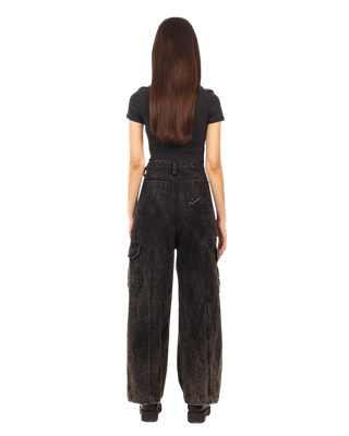 BLACK ACID WASH DENIM CARGO PANTS