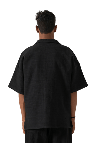 black handwoven button down