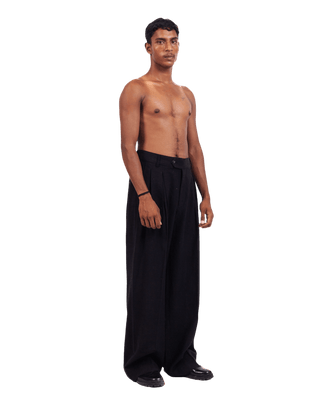 BLACK KHADDAR DOUBLE-PLEATED TROUSERS