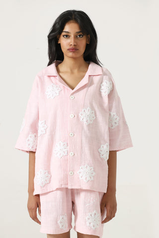 hand embroidered pink button down