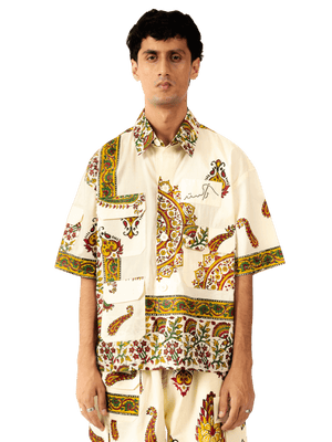 Beige block-printed button-down