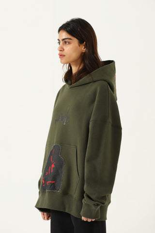 "WAQT" PATCHWORK OLIVE GREEN HOODIE