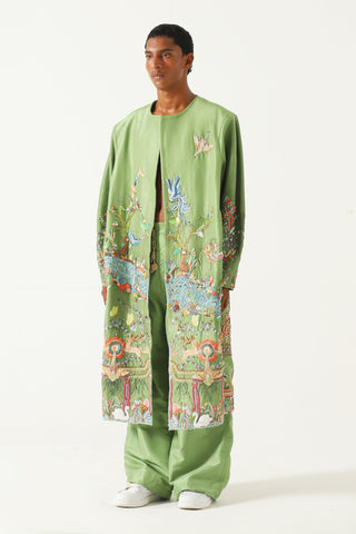 HAND EMBROIDERED EMERALD SILK LONG COAT