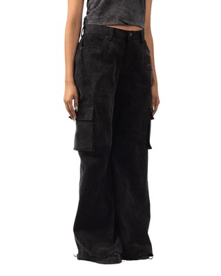 BLACK ACID WASH DENIM CARGO PANTS