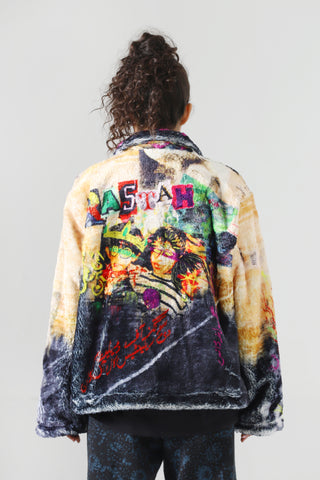 "FAMILY FIRST" PRINTED FAUX FUR JACKET